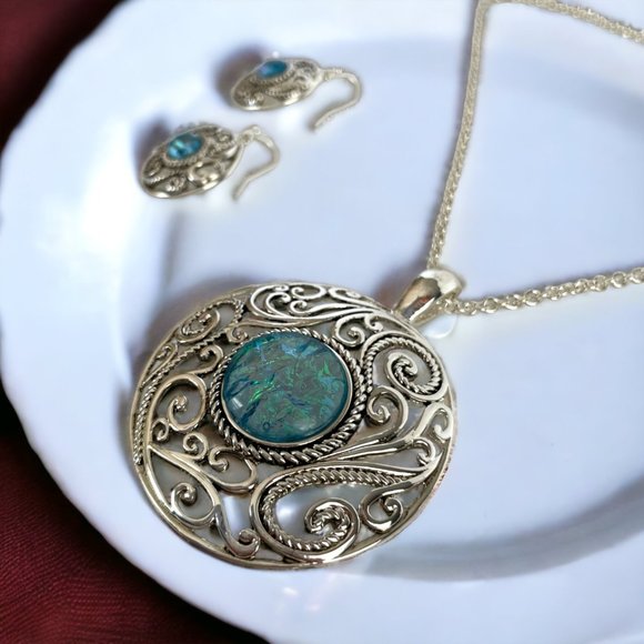 Necklace and Ear, Silver Antique Tone, Blue/Green Pendant, 18"-20" - Picture 4 of 10